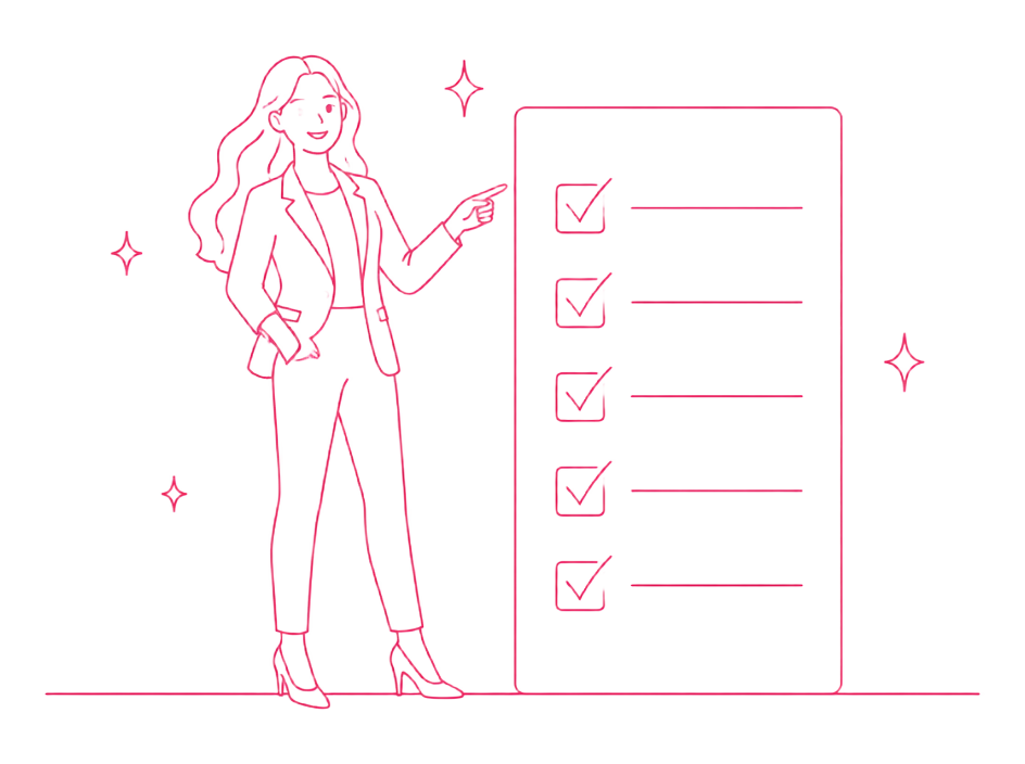 Unternehmerin zeigt auf eine Checkliste mit sieben Schritten
